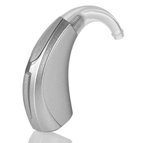 Aparato auditivo retroauricular plateado tipo BTE